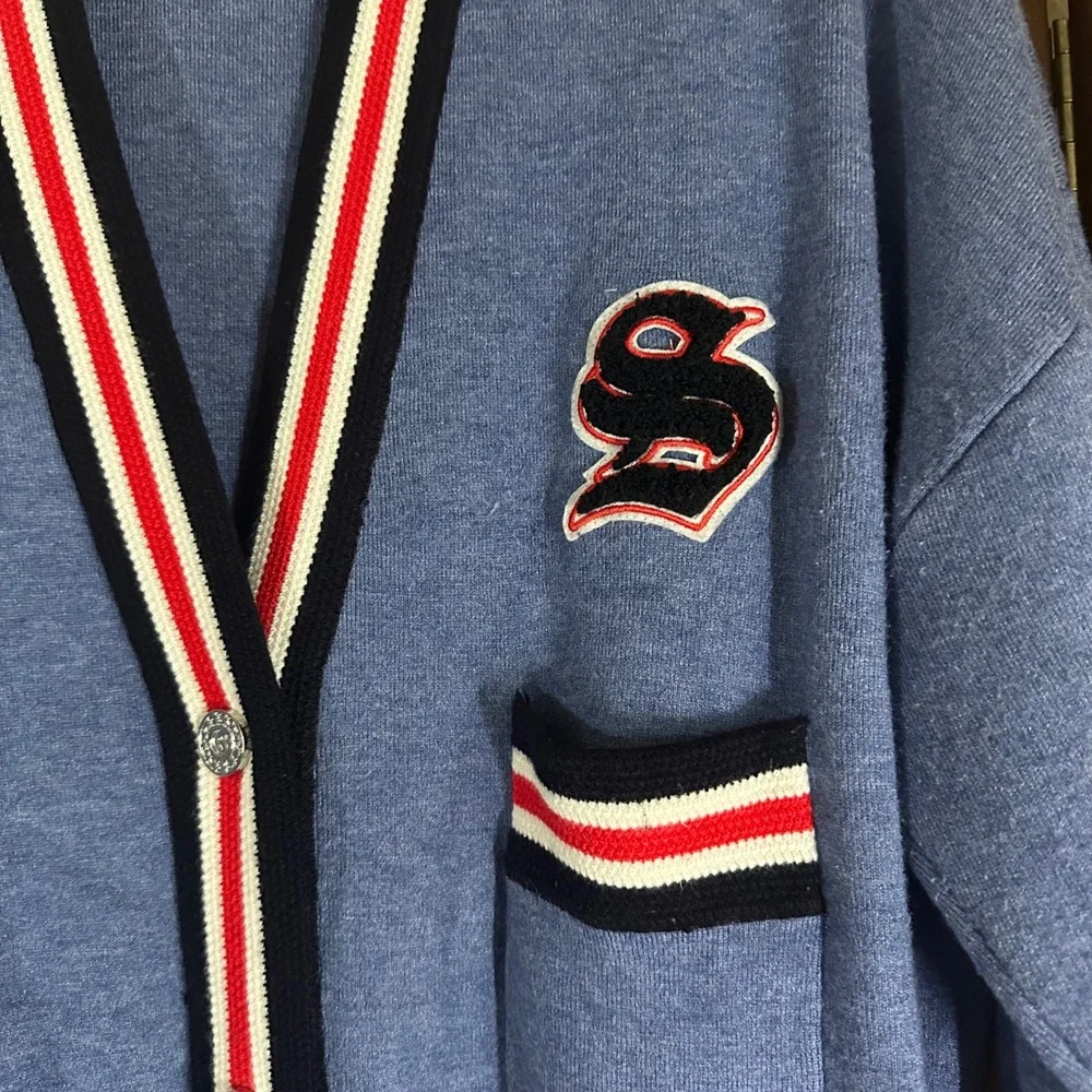 Sandro Blue Varsity Striped Oversized Knit Cardigan Sweater Sz S Preppy Academia - Picture 4 of 6
